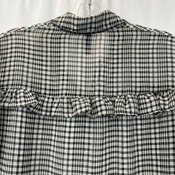 H&M Womens Long Sleeve Button Down Sheer Blouse Black/Gray Plaid Sz 4 Ruffles - Picture 6 of 9